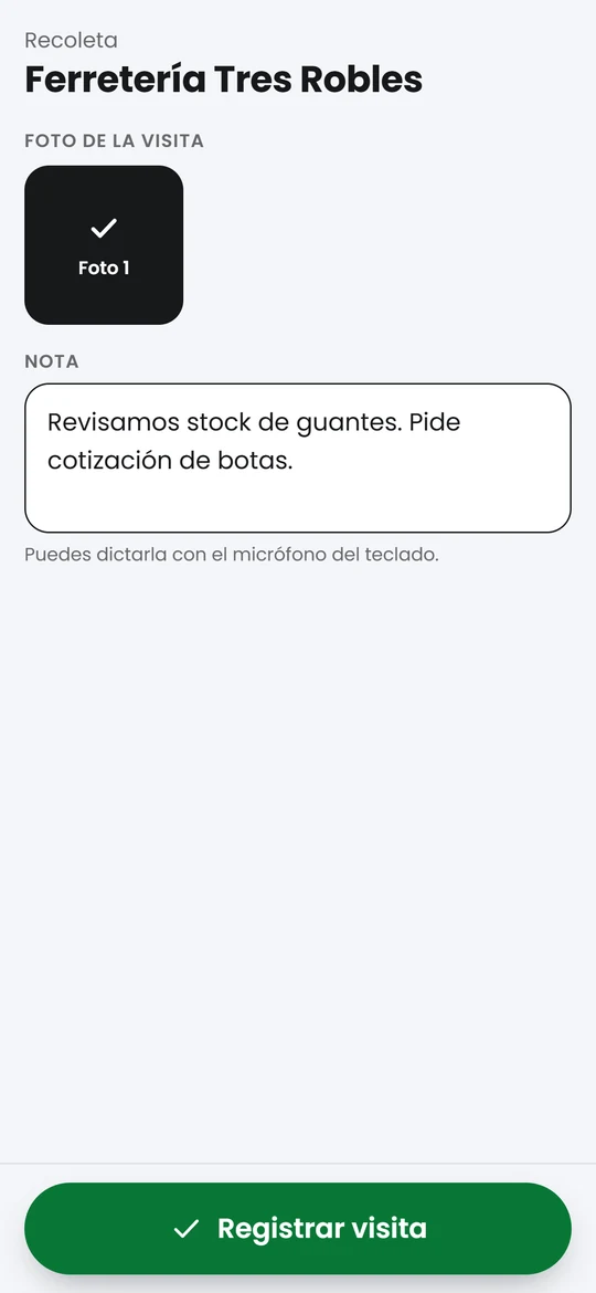 Pantalla de visita: nota dictada y foto obligatoria del local